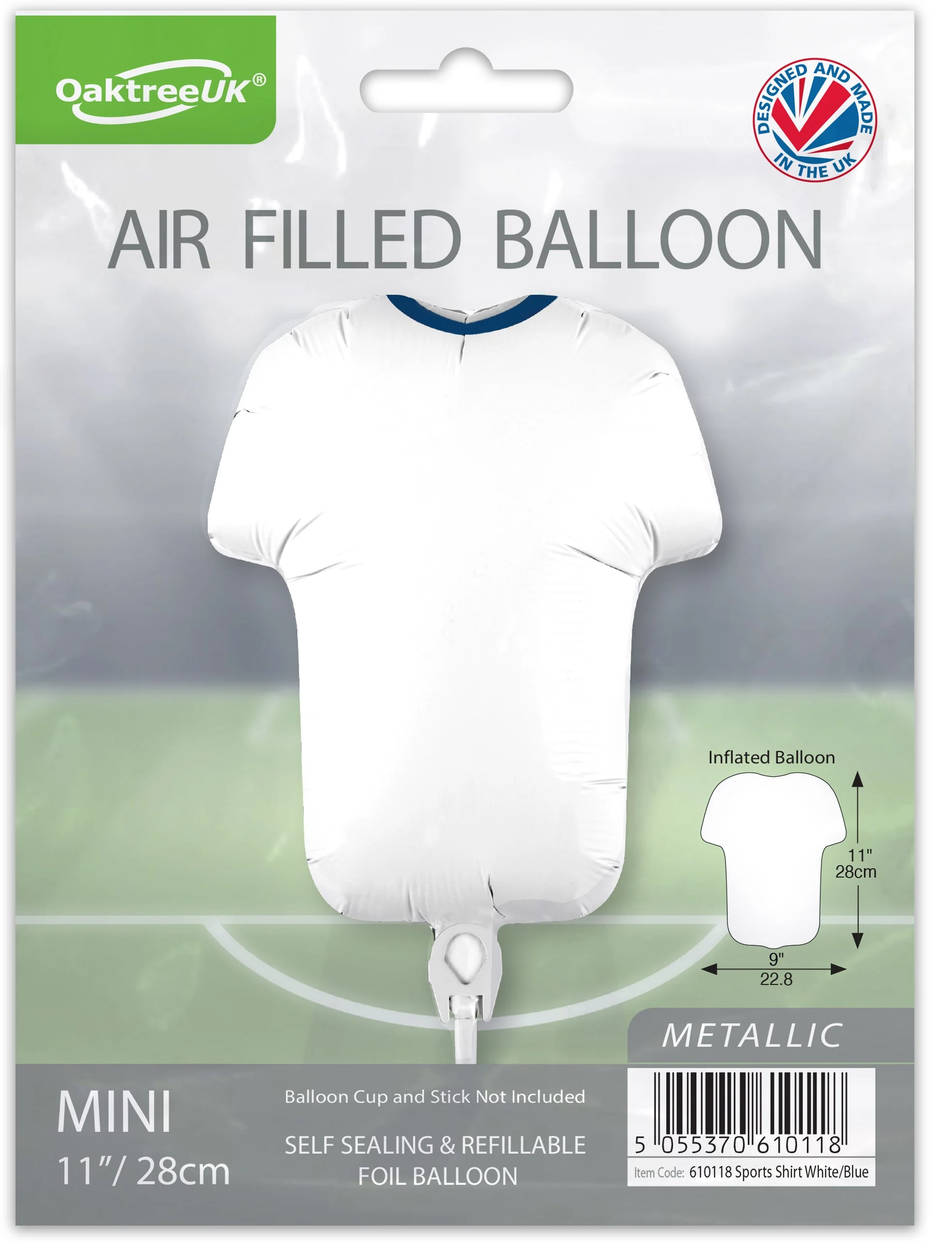 11" Airfill Only Oaktree Brand Sports Shirt White/Blue Metallic (For Air) Packaged Foil Balloon - Image 2