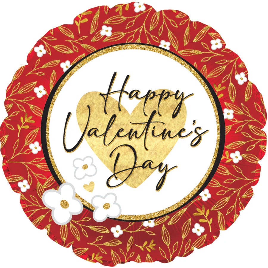 18" Happy Valentine's Day Gold Leaf Border Balloon
