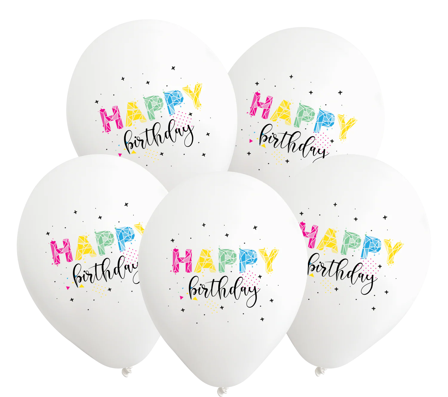 12" Happy Birthday White Balloons 5 Color Print Latex Balloons (25 Per Bag)