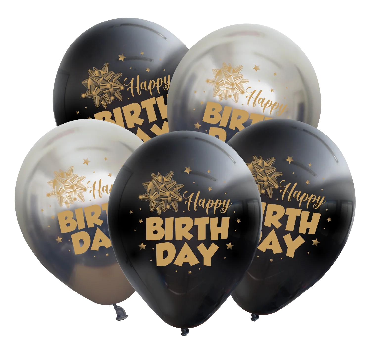 12" Mirror Happy Birthday Space Grey Balloon Gold Print Latex Balloons (25 Per Bag) 2 Side Print