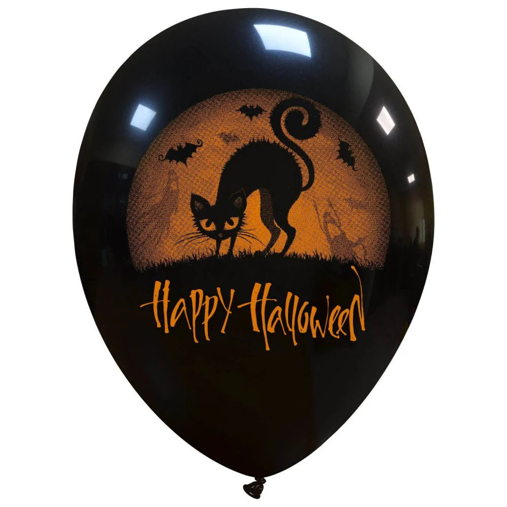 12" Halloween Cat 2 Sided (25 Per Bag) Cattex Brand Printed Latex Balloons