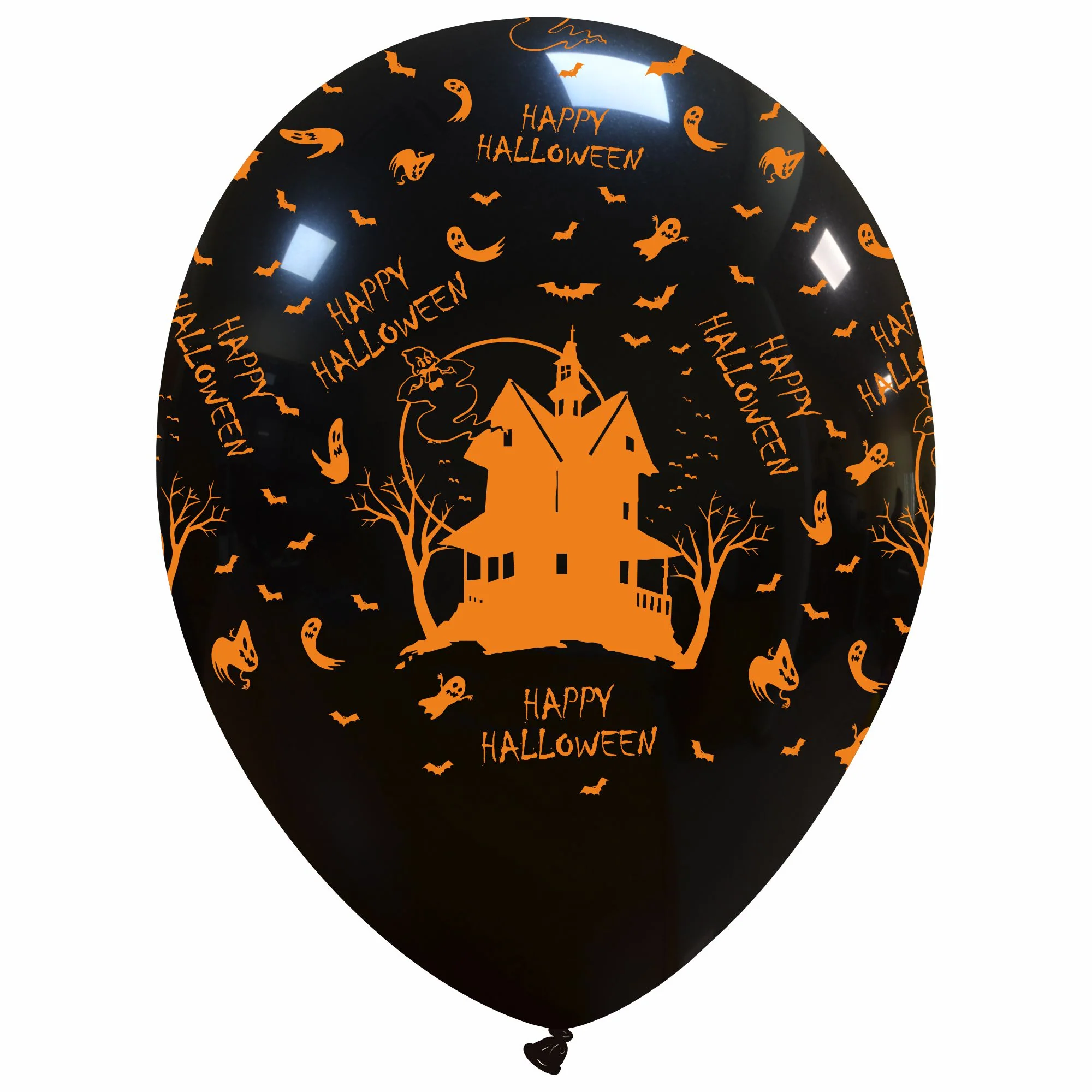 12" Haunted House Black with Orange Print All Around (25 Per Bag) Cattex Brand Latex Balloons