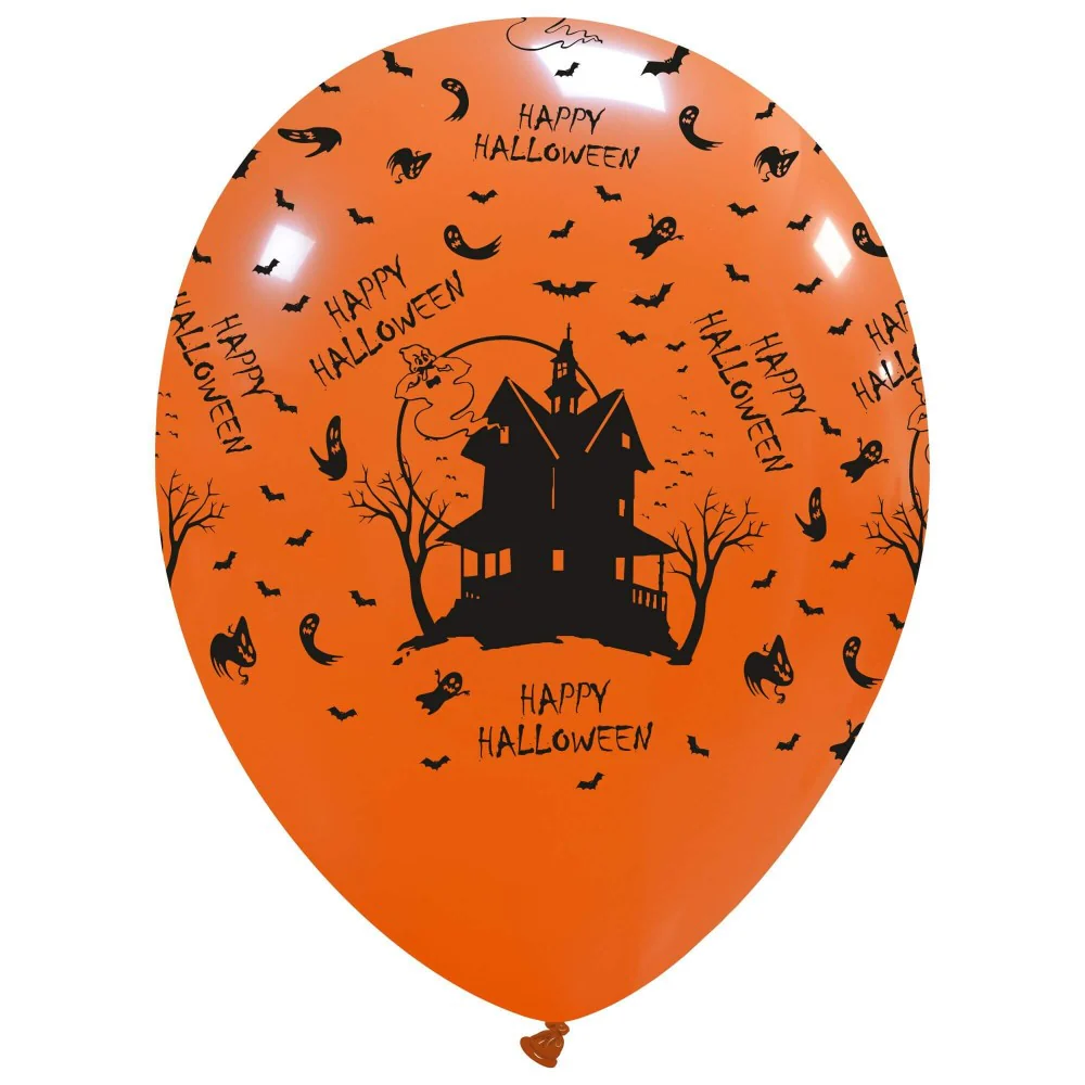 12" Haunted House Orange with Black Print All Around (25 Per Bag) Cattex Brand Latex Balloons