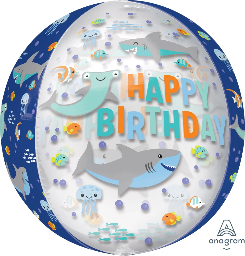 16" Happy Birthday Sharks Orbz Clear Foil Balloon