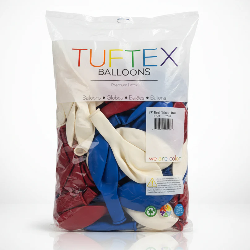 17" Tuftex Latex Balloons (50 Per Bag) Red/White/Blue Patriotic Assorted - Image 2