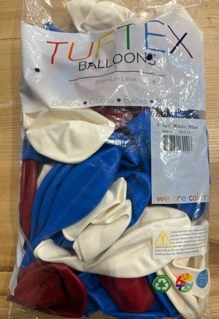 17" Tuftex Latex Balloons (50 Per Bag) Red/White/Blue Patriotic Assorted - Image 3