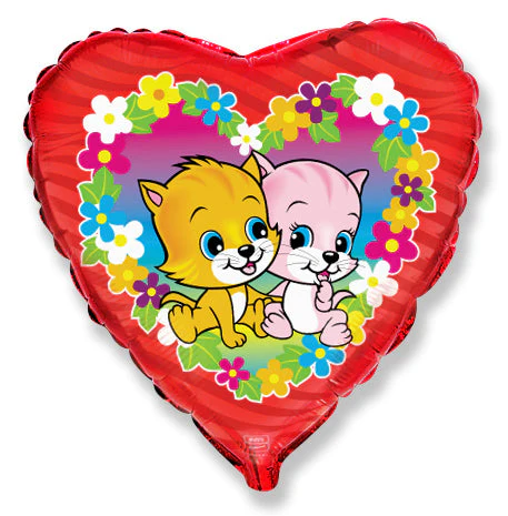 18" Fuchsia Heart Flower Cats Mylar Balloon