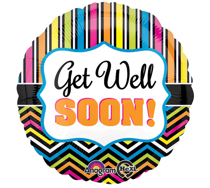 18" Get Well Stripe and Chevron Balloon Packaged