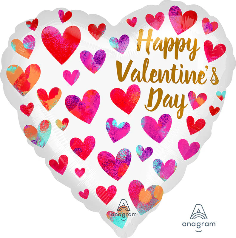 18" Happy Valentine's Day Painterly Hearts Foil Balloon