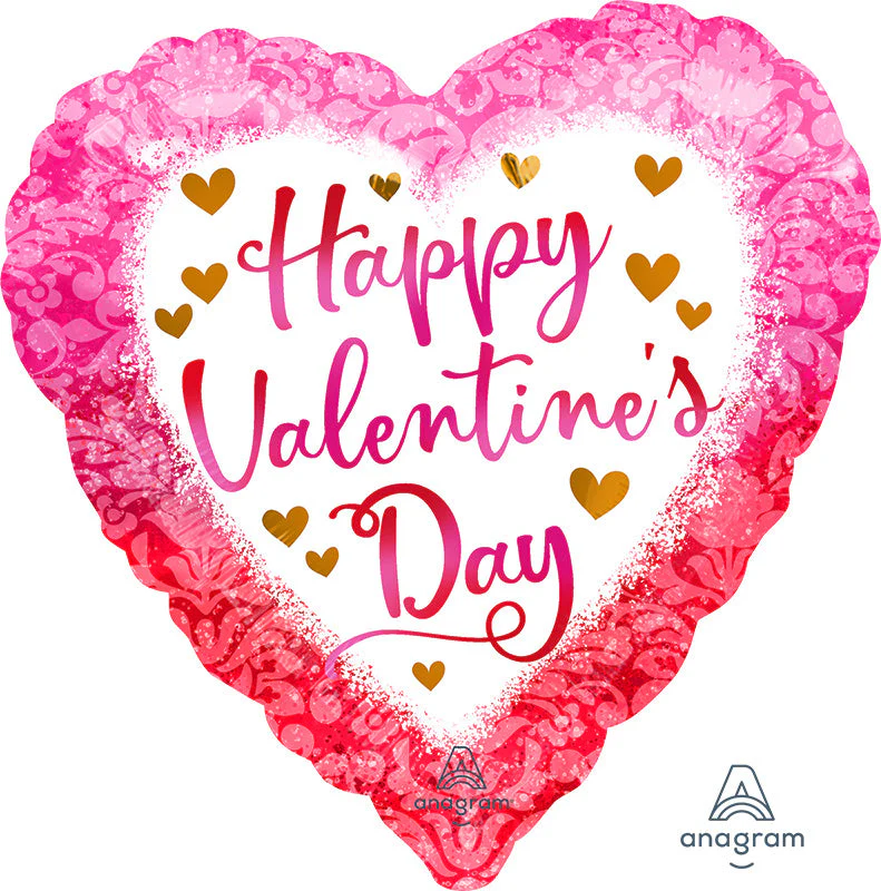 18" Happy Valentine's Day Watercolor Damask Foil Balloon
