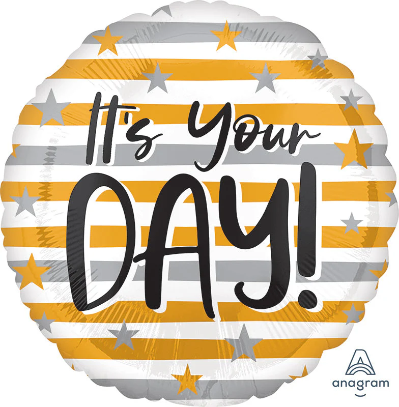 18" It's Your Day Gold & Silver Stripes Foil Balloon