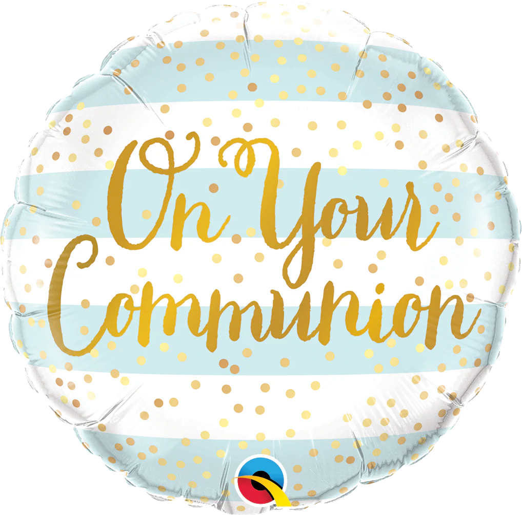 18" On Your Communion Blue Stripes Foil Balloon