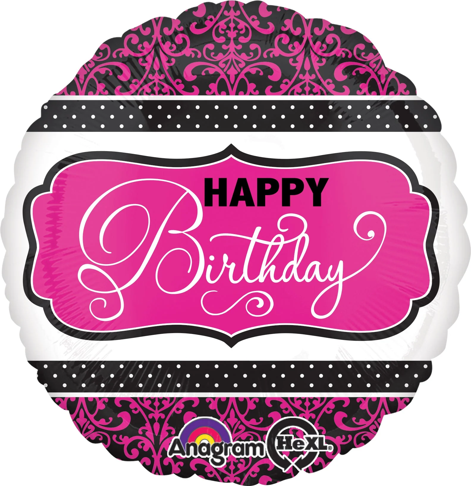 18" Pink, Black, White Birthday Balloon Packaged