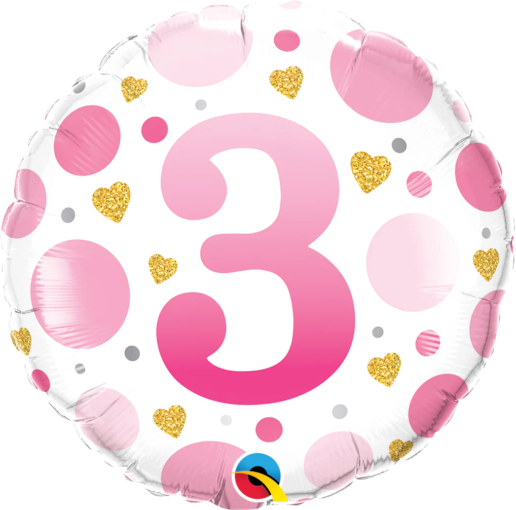 18" Round Age 3 Pink Dots Foil Balloon