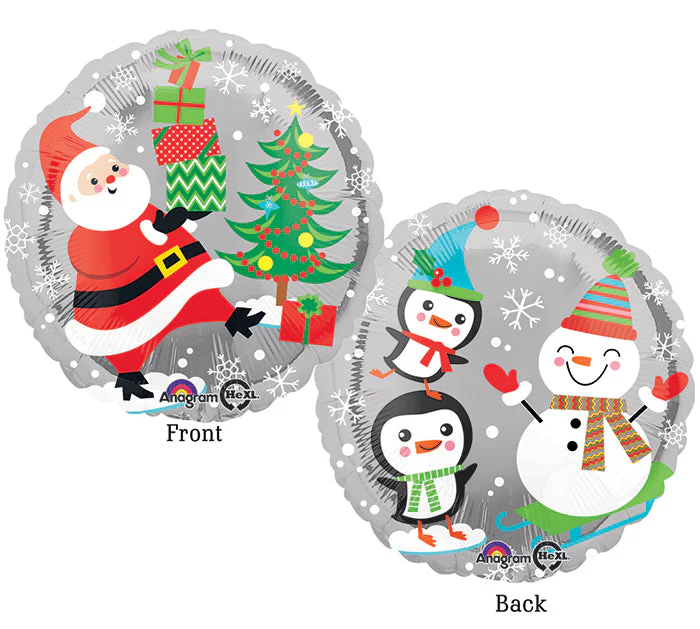18" Santa, Snowman & Penguins Balloon Packaged