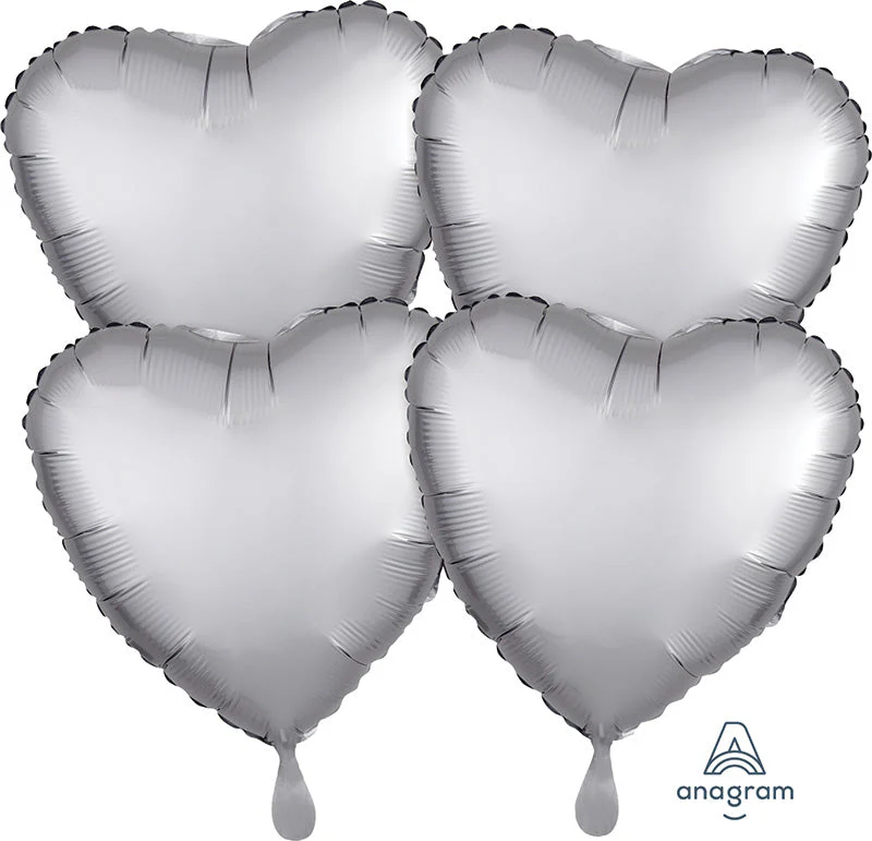 18" Satin Luxe (4 Pack) Platinum Hearts Foil Balloon