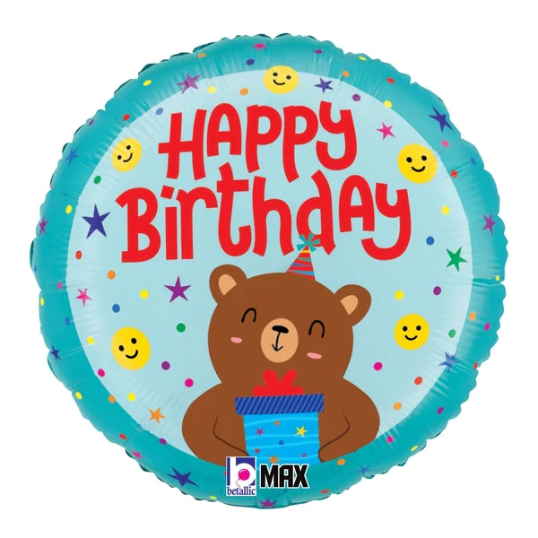 18" Birthday Smiley Bear Foil Balloon