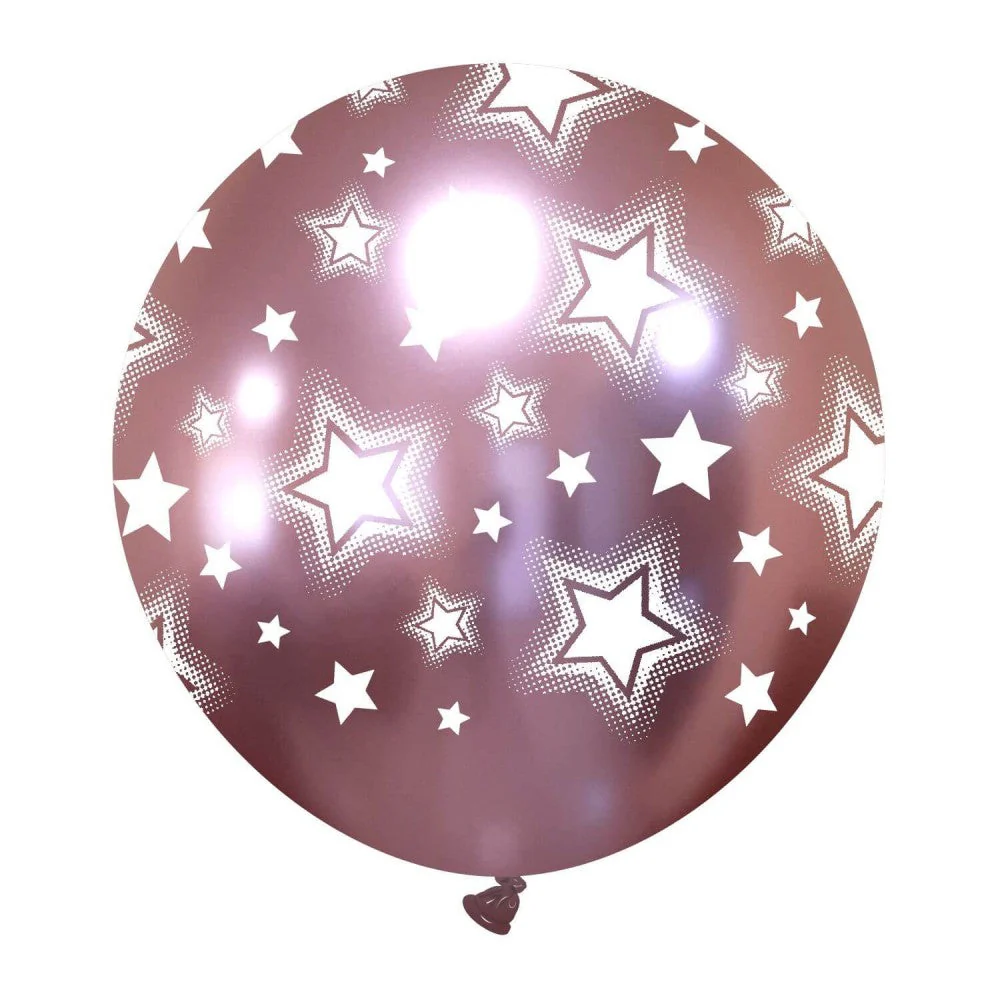 24" Bright Stars Titanium (Chrome/Mirror) Light Pink All Around (1 Per Bag) Cattex Brand Printed Latex Balloons