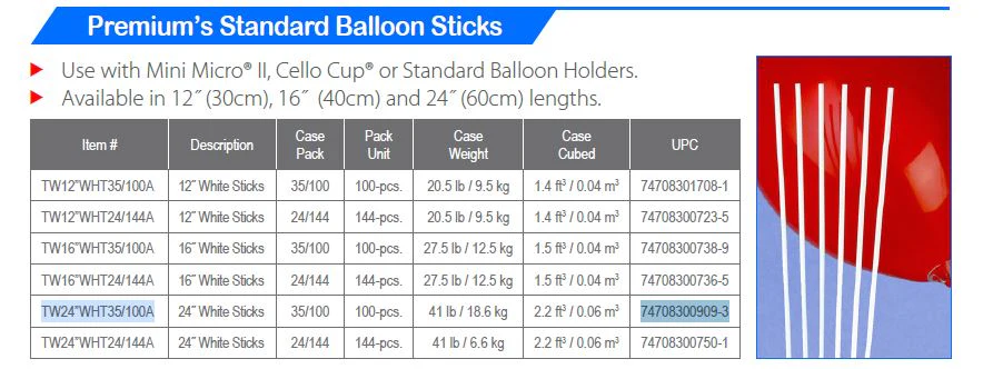 24" Standard White Balloon Sticks Only (100 Count). See product details for cups (sold separately). - Image 2