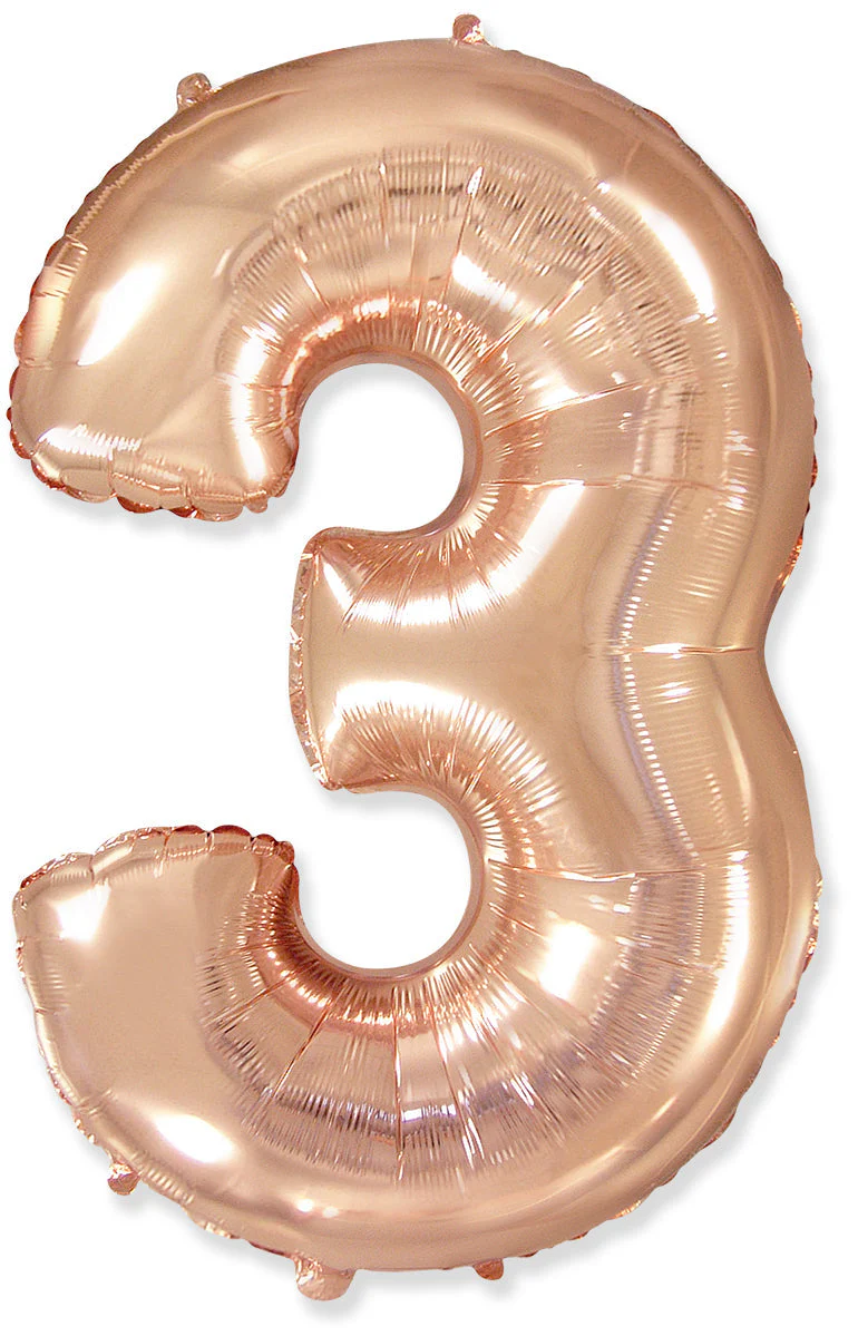 26" Inflated (32" Approx Uninflated) Flexmetal Medium Size Foil Balloon Number "3" Rose Gold