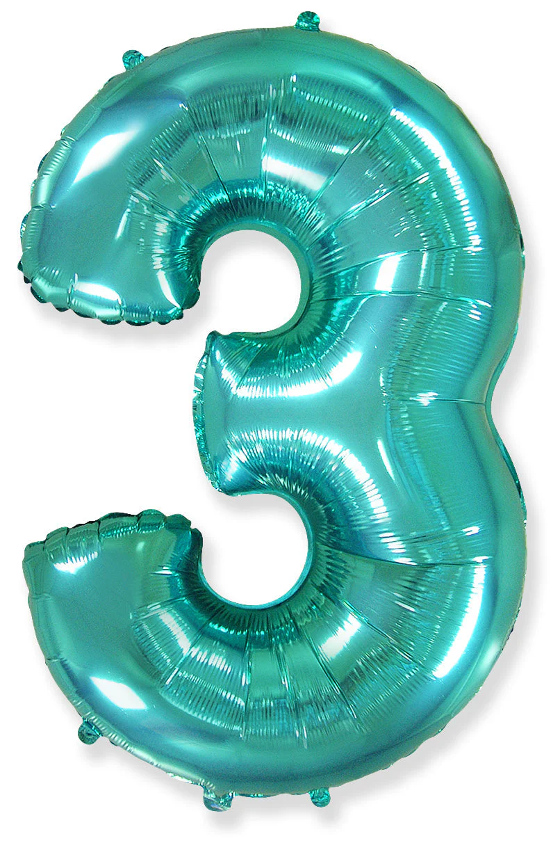 26" Inflated (32" Approx Uninflated) Flexmetal Medium Size Foil Balloon Number "3" Turquoise