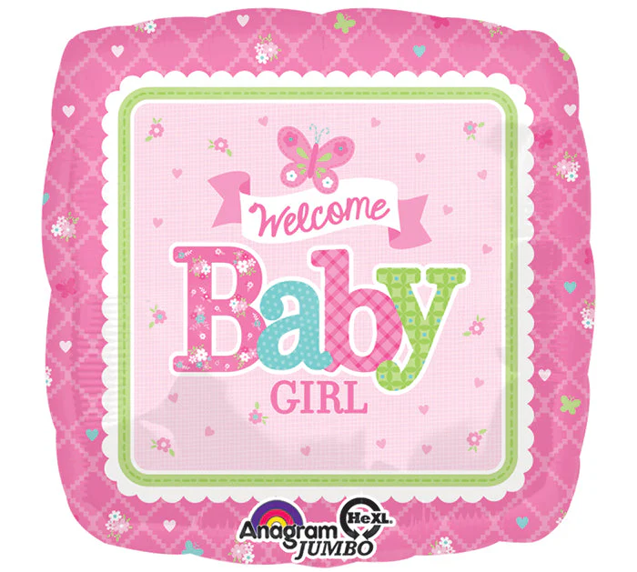 28" Jumbo Welcome Baby Girl Butterfly Balloon Packaged