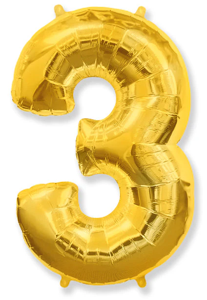 32" Inflated (40" Uninflated Approx) Shape Number "3" Gold Balloon Flexmetal