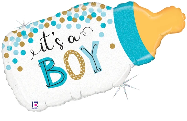 33" Shape Holographic Confetti Baby Bottle Boy Foil Balloon