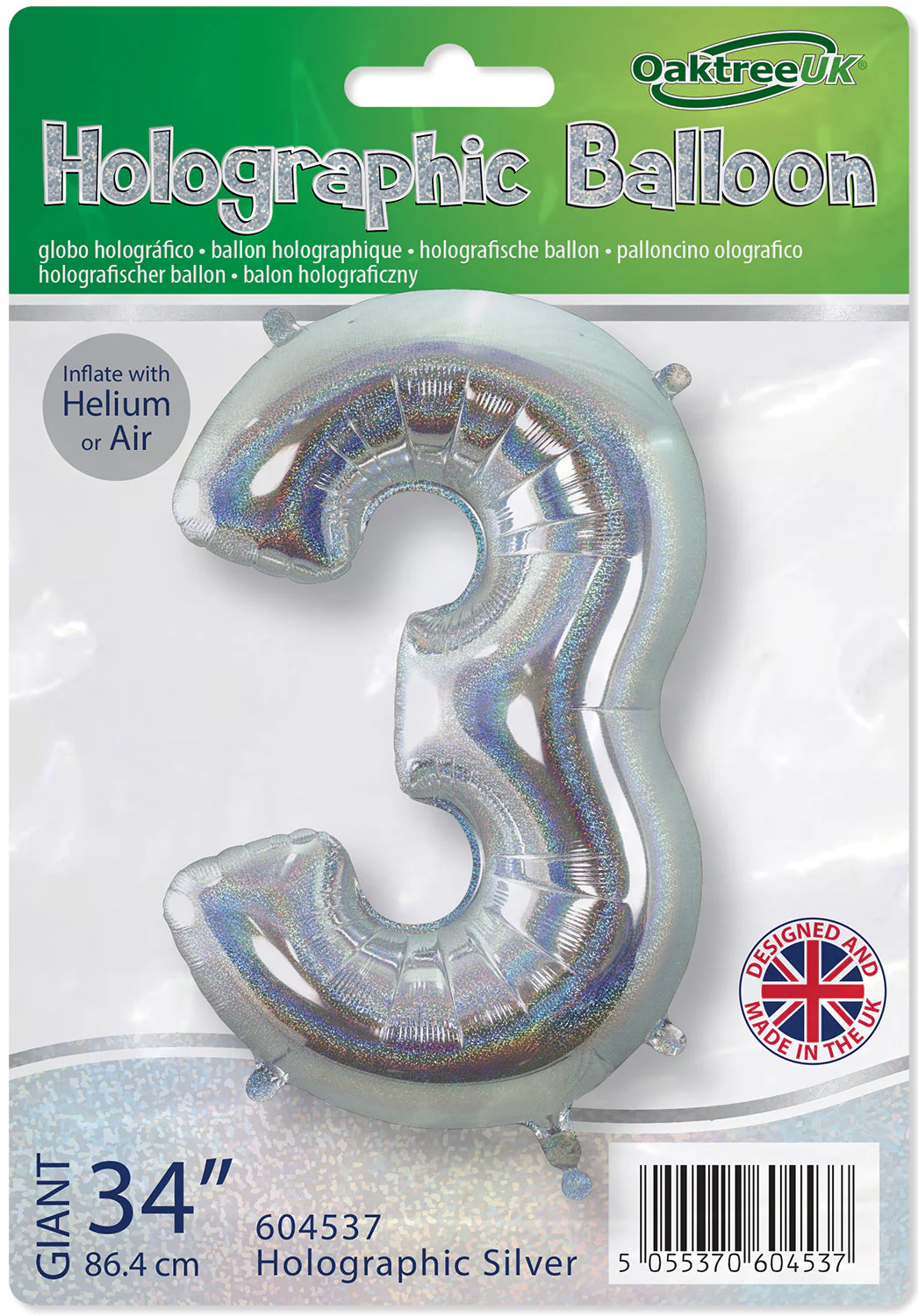 34" Number 3 Holographic Silver Oaktree Foil Balloon - Image 2