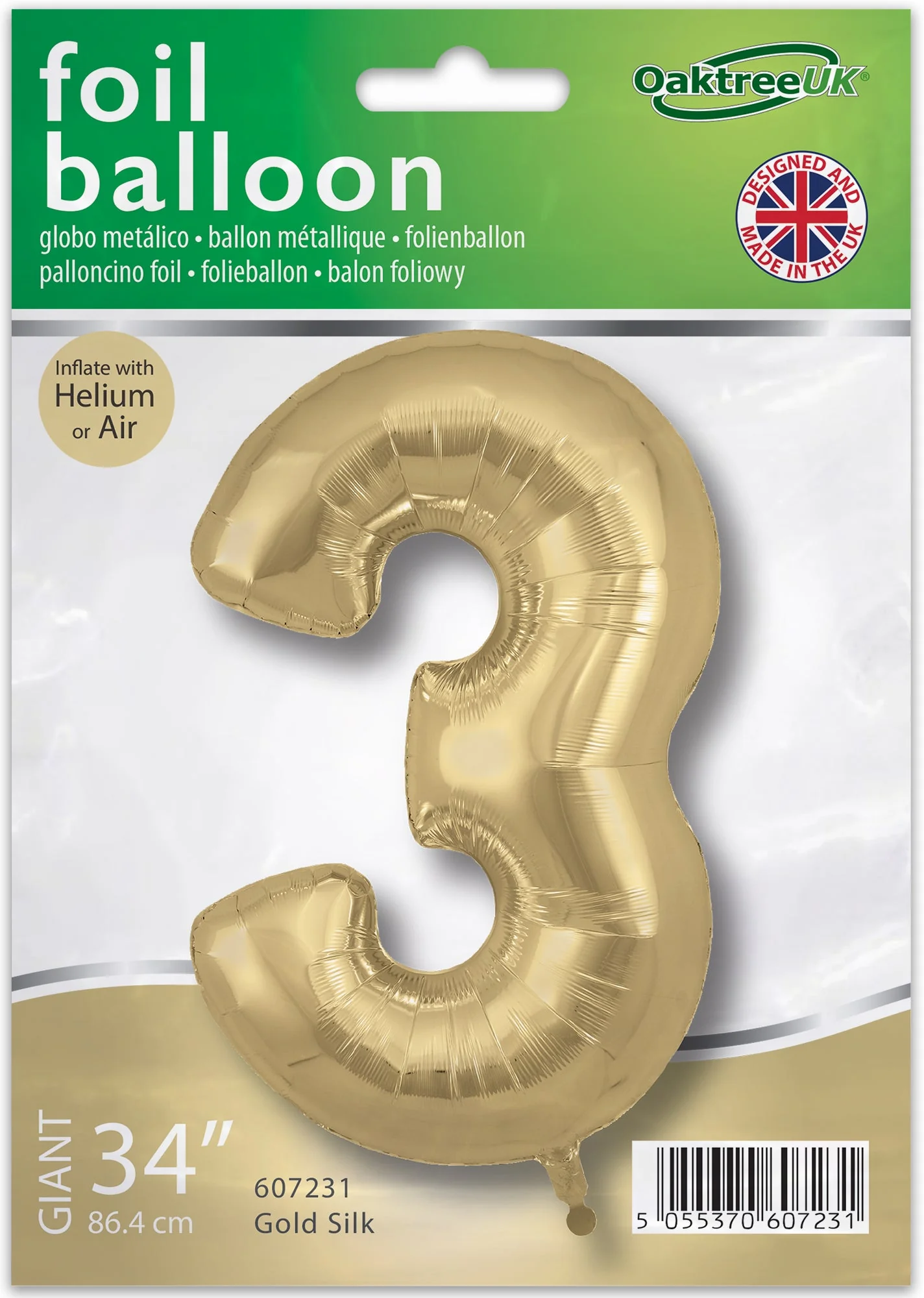 34" Number 3 Silk Gold Oaktree Foil Balloon - Image 2