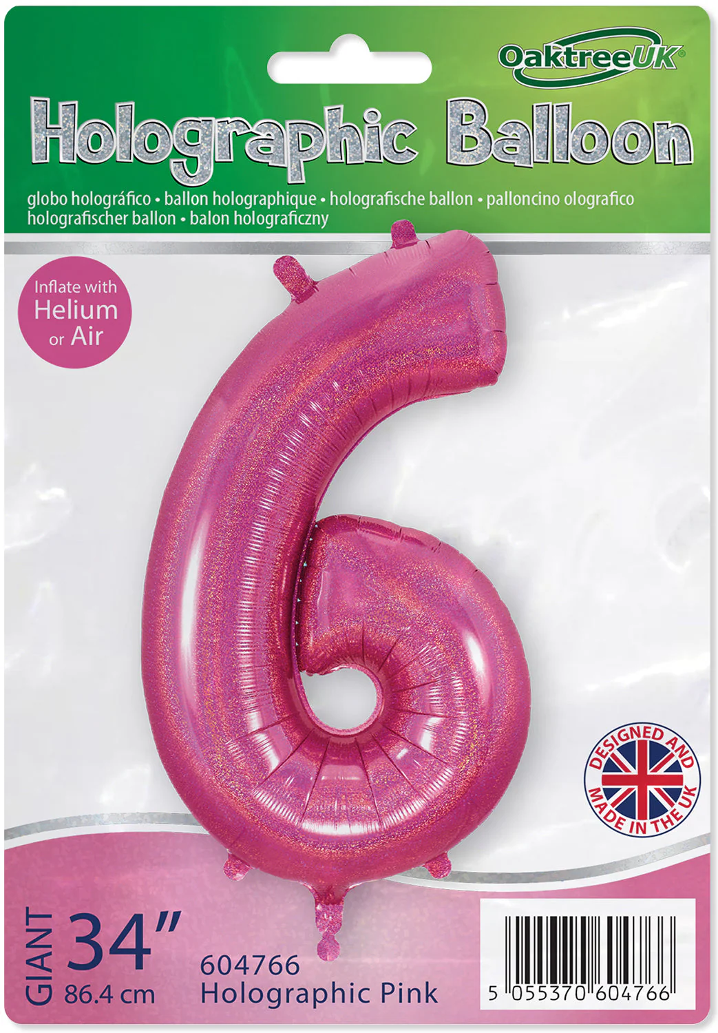 34" Number 6 Holographic Pink Oaktree Foil Balloon - Image 2