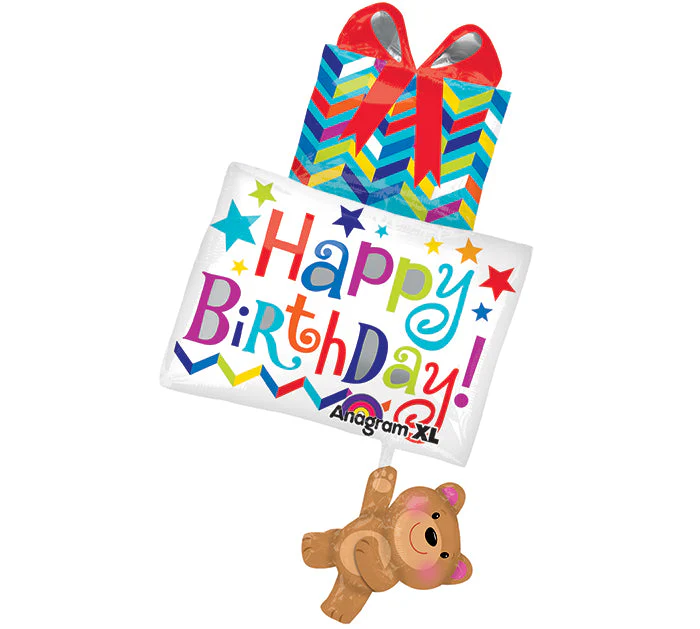 34" SuperShape Happy Birthday Bear Balloon Packaged