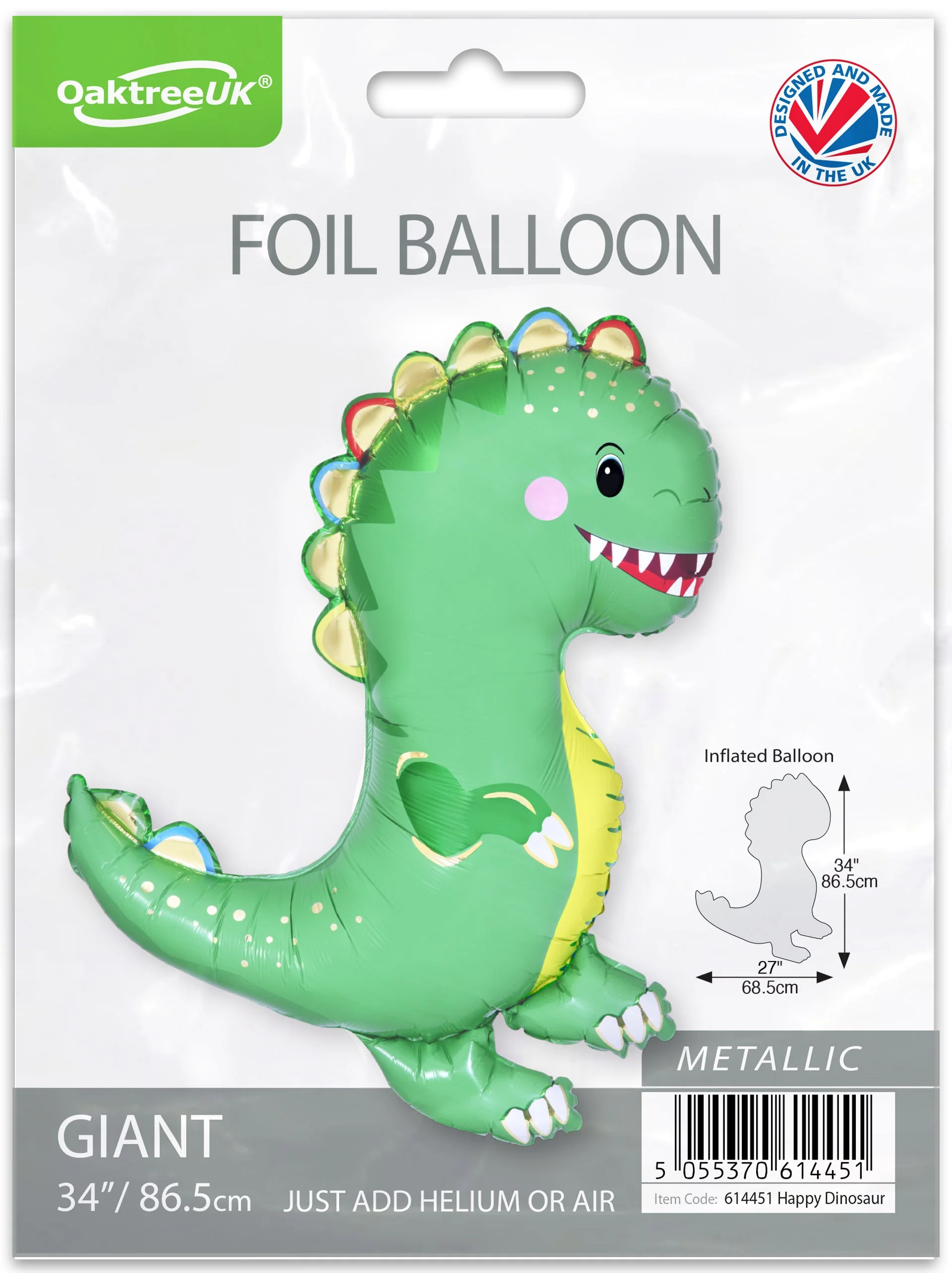 34" Oaktree Brand Happy Dinosaur Metallic Packaged Foil Balloon - Image 2