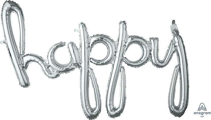 39" Airfill Only Script Phrase "Happy" Silver Foil Balloon