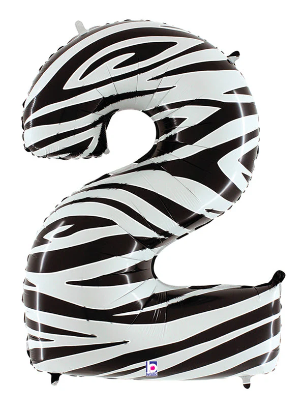 40" (34" Inflated) Zebra Foil Shape Polybagged Number 2 Balloon