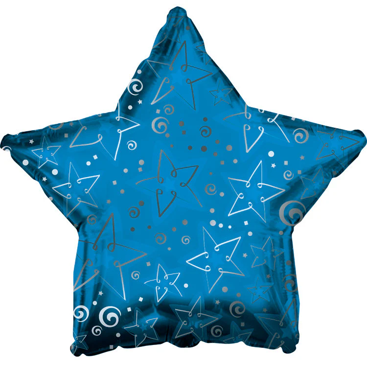 9" Airfill Only (Sticks Sold Separately) Blue Patterned Star Foil Balloon
