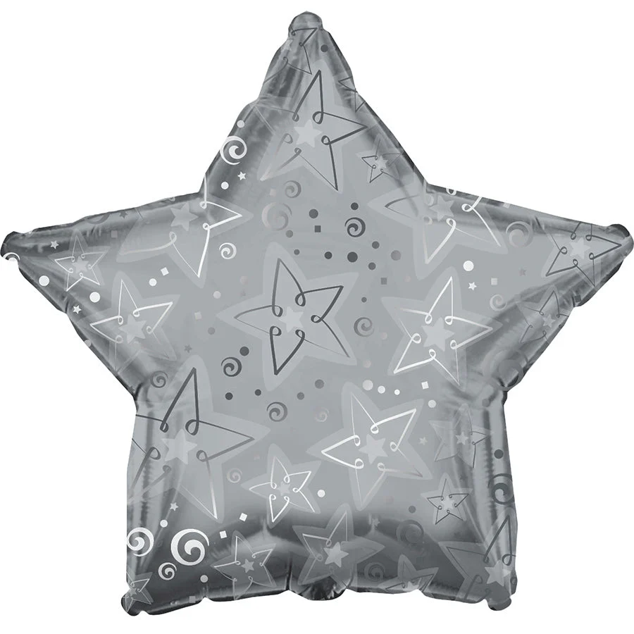 9" Airfill Only (Sticks Sold Separately) Gray Pattern Stars Foil Balloon