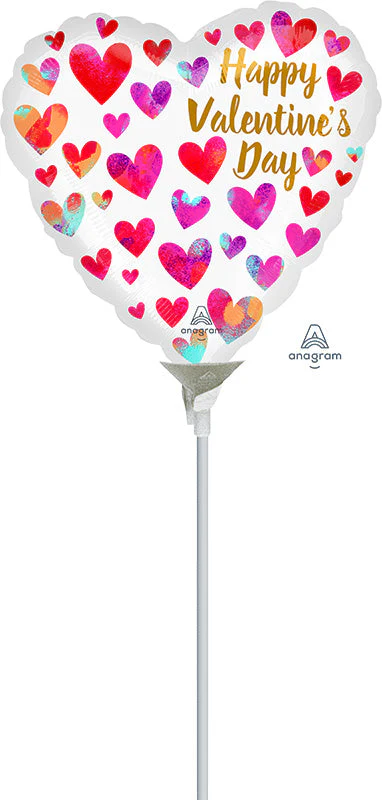 9" Airfill Only (Sticks Sold Separately) Happy Valentine's Day Painterly Hearts Foil Balloon