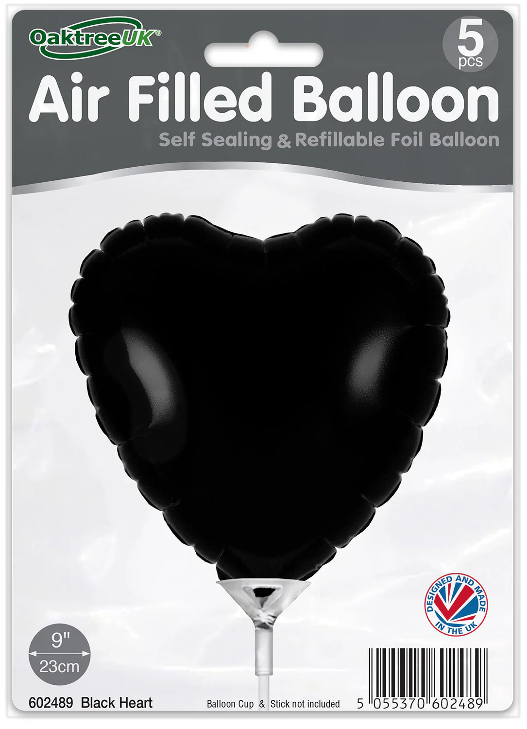 9" Airfill Only (With Self Sealing Valve) Black Heart (5 Per Pack) Oaktree Brand Foil Balloon - Image 2