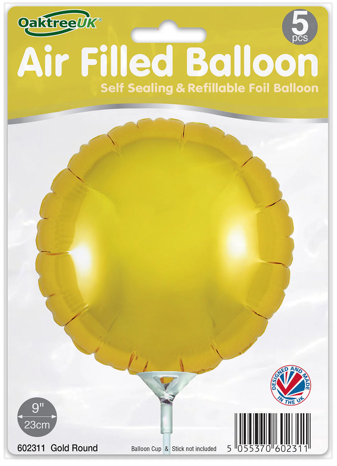 9" Airfill Only (With Self Sealing Valve) Gold Round (5 Per Pack) Oaktree Brand Foil Balloon - Image 2