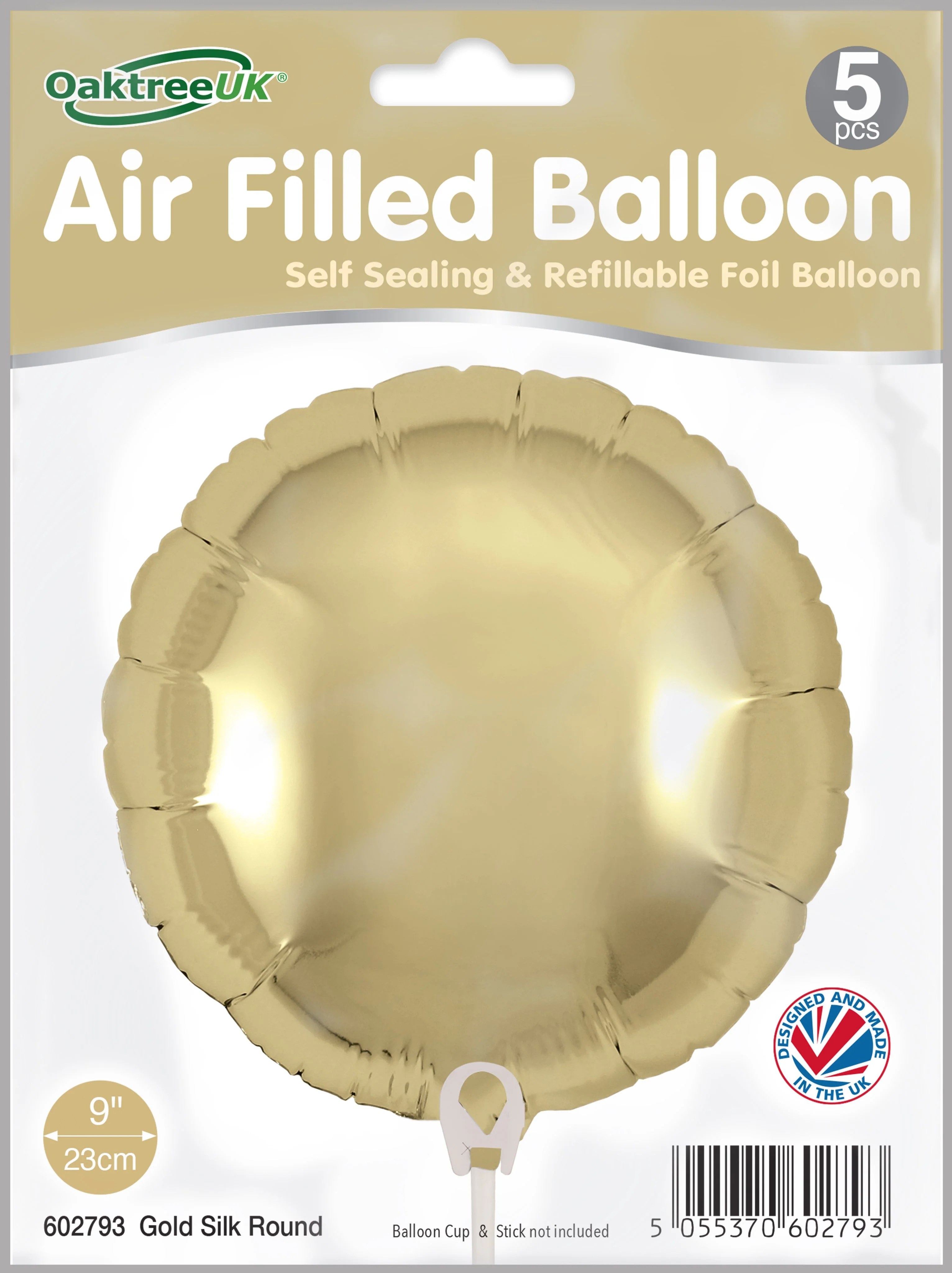 9" Airfill Only (With Self Sealing Valve) Gold Silk Round (5 Per Pack) Oaktree Brand Foil Balloon