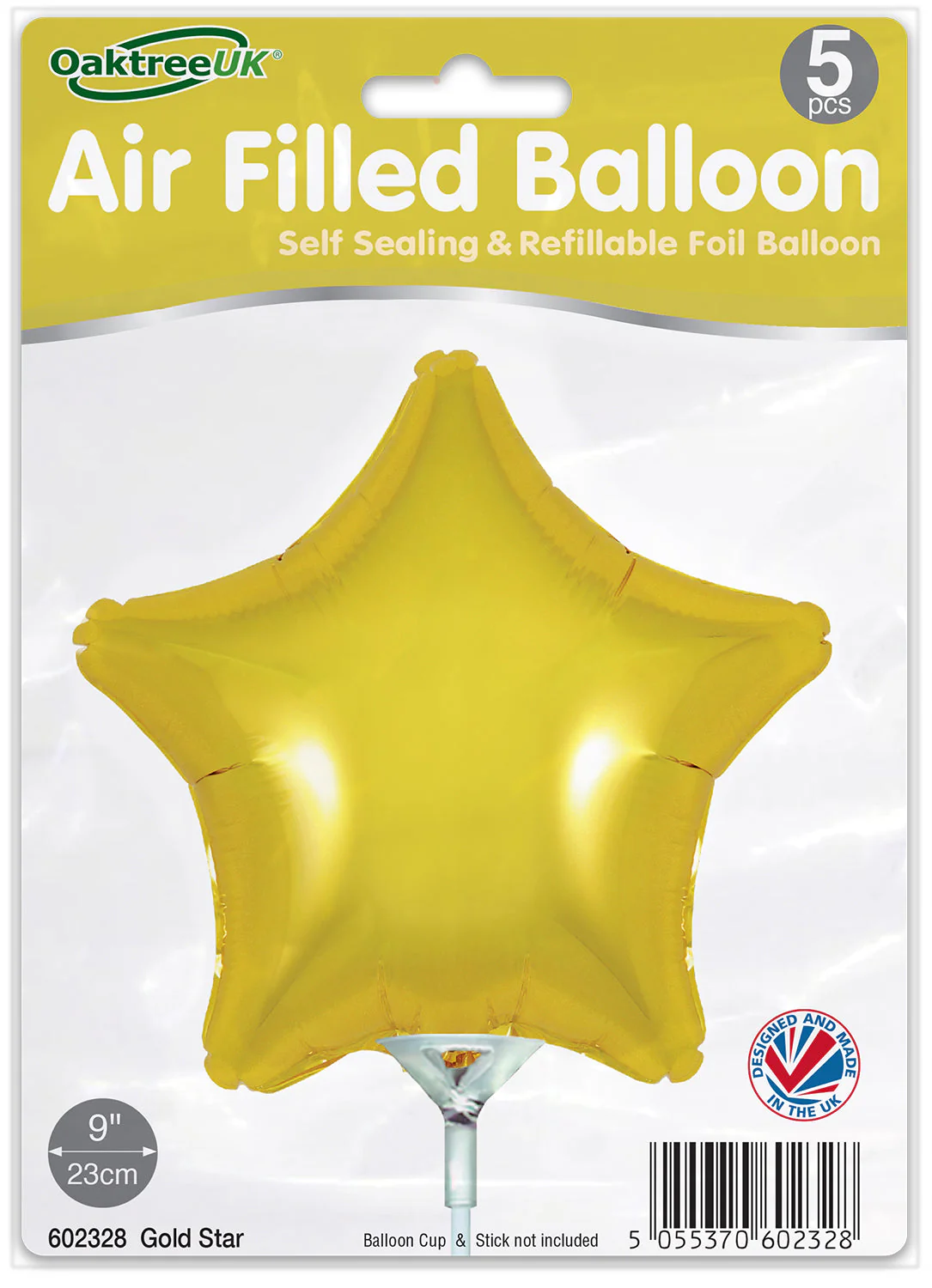 9" Airfill Only (With Self Sealing Valve) Gold Star (5 Per Pack) Oaktree Brand Foil Balloon - Image 2