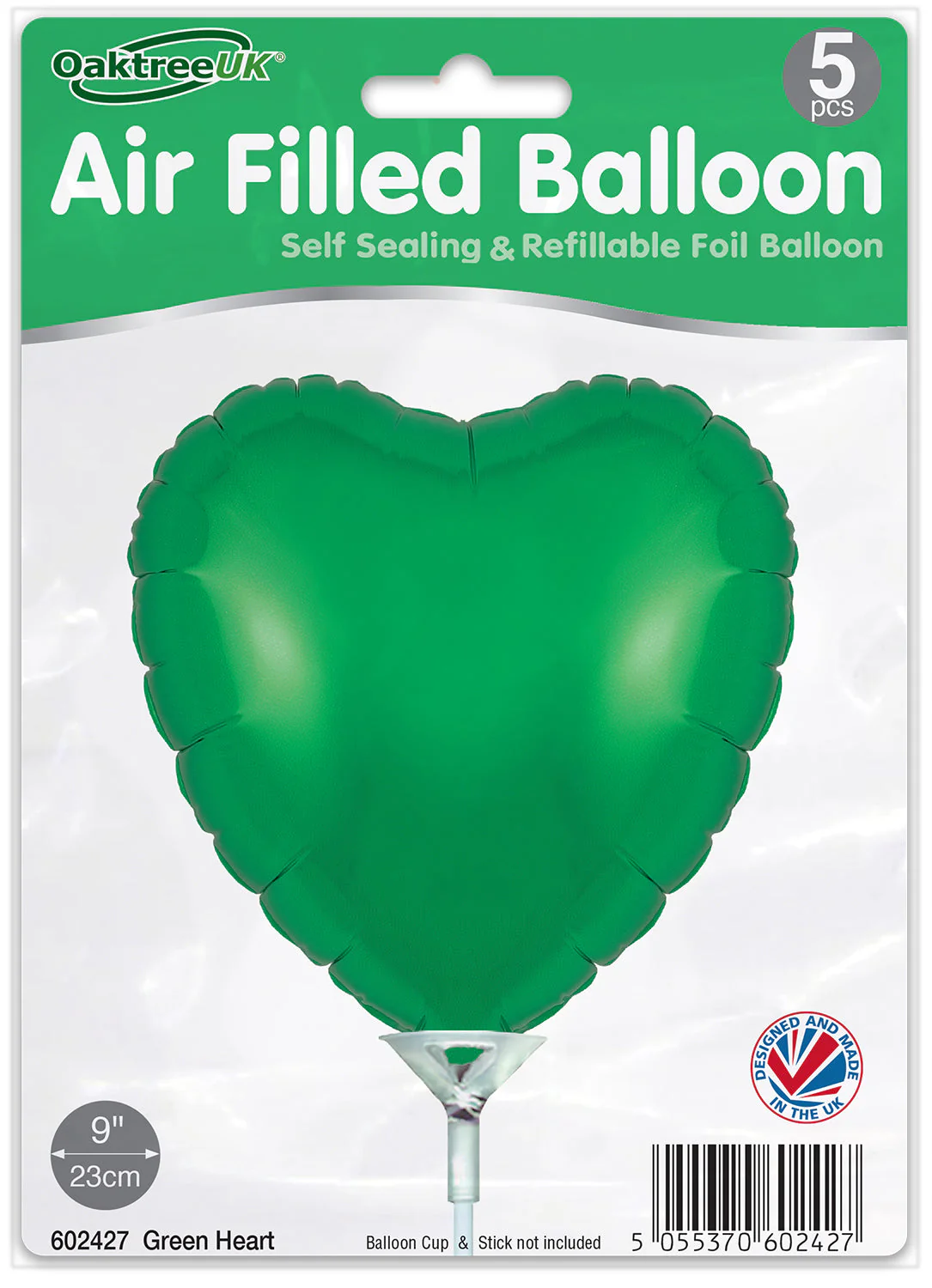 9" Airfill Only (With Self Sealing Valve) Green Heart (5 Per Pack) Oaktree Brand Foil Balloon - Image 2