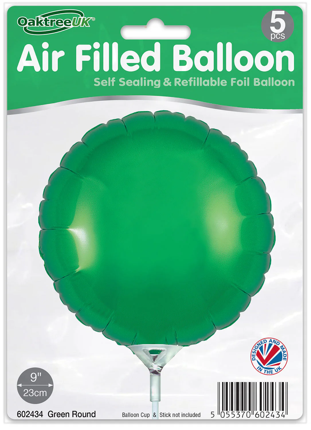 9" Airfill Only (With Self Sealing Valve) Green Round (5 Per Pack) Oaktree Brand Foil Balloon - Image 2