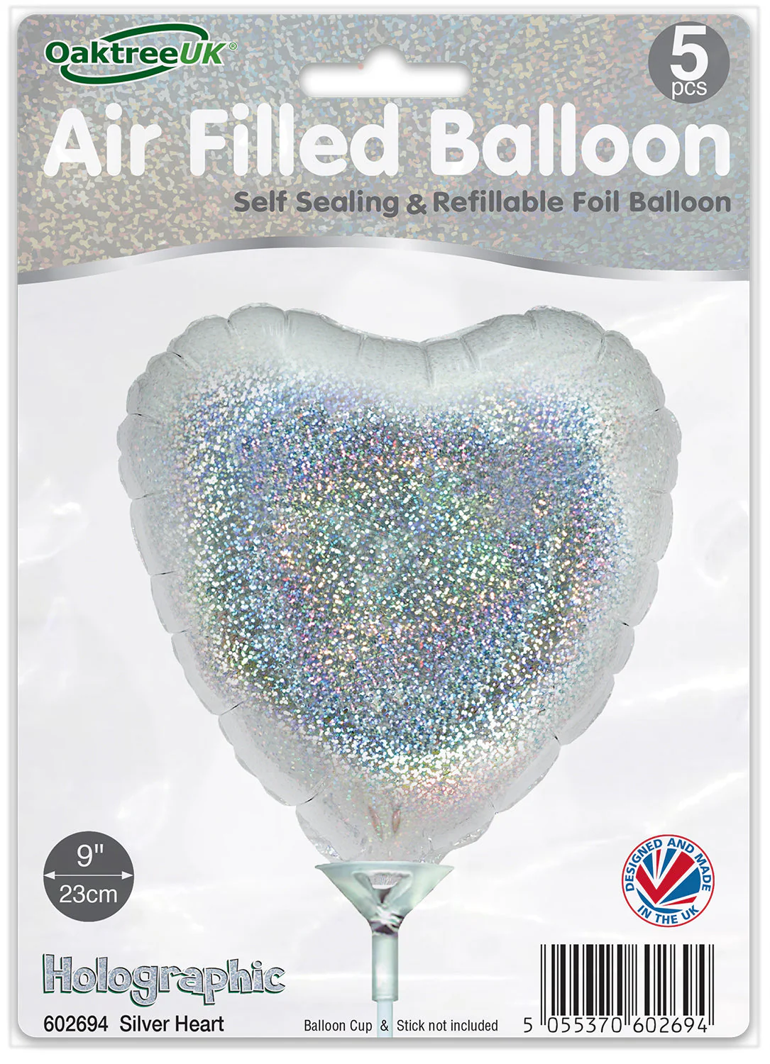 9" Airfill Only (With Self Sealing Valve) Holographic Silver Heart (5 Per Pack) Oaktree Brand Foil Balloon - Image 2
