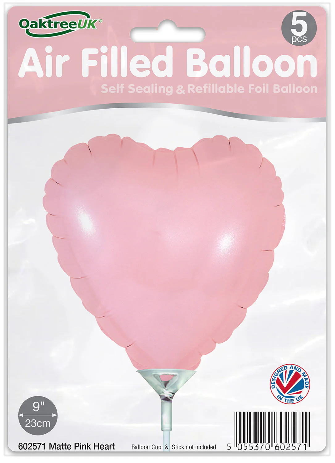 9" Airfill Only (With Self Sealing Valve) Matte Pink Heart (5 Per Pack) Oaktree Brand Foil Balloon - Image 2