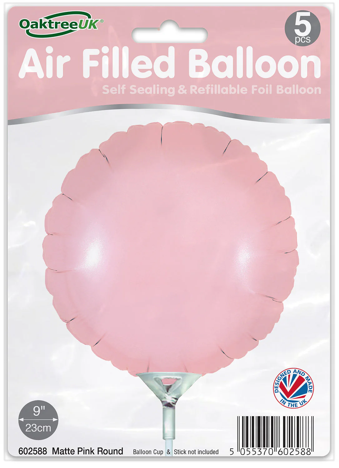 9" Airfill Only (With Self Sealing Valve) Matte Pink Round (5 Per Pack) Oaktree Brand Foil Balloon - Image 2