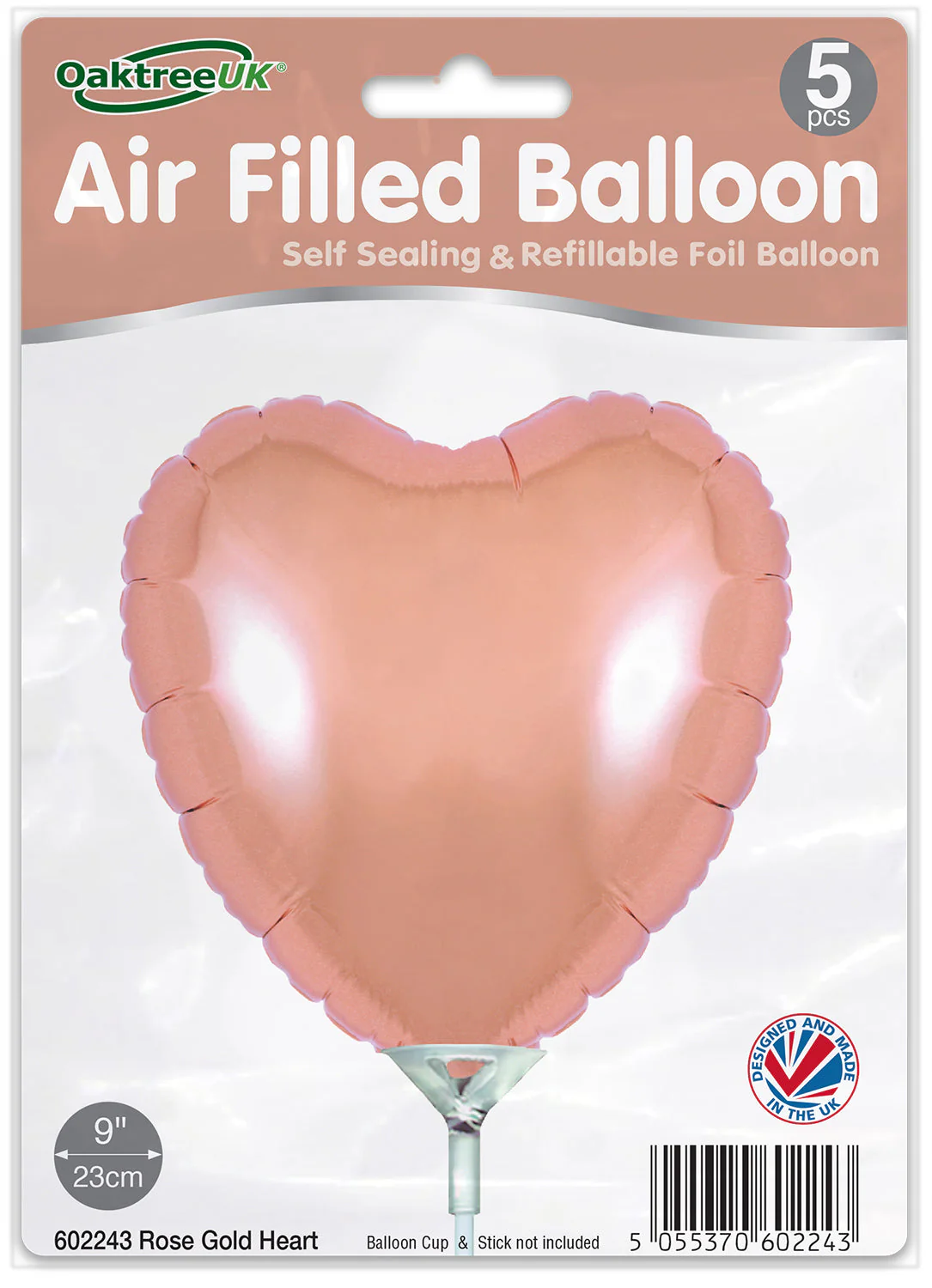 9" Airfill Only (With Self Sealing Valve) Rose Gold Heart (5 Per Pack) Oaktree Brand Foil Balloon - Image 2