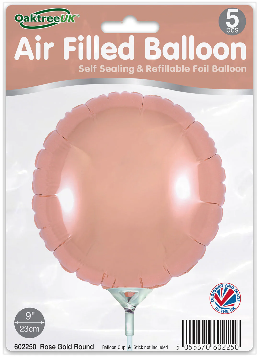 9" Airfill Only (With Self Sealing Valve) Rose Gold Round (5 Per Pack) Oaktree Brand Foil Balloon - Image 2
