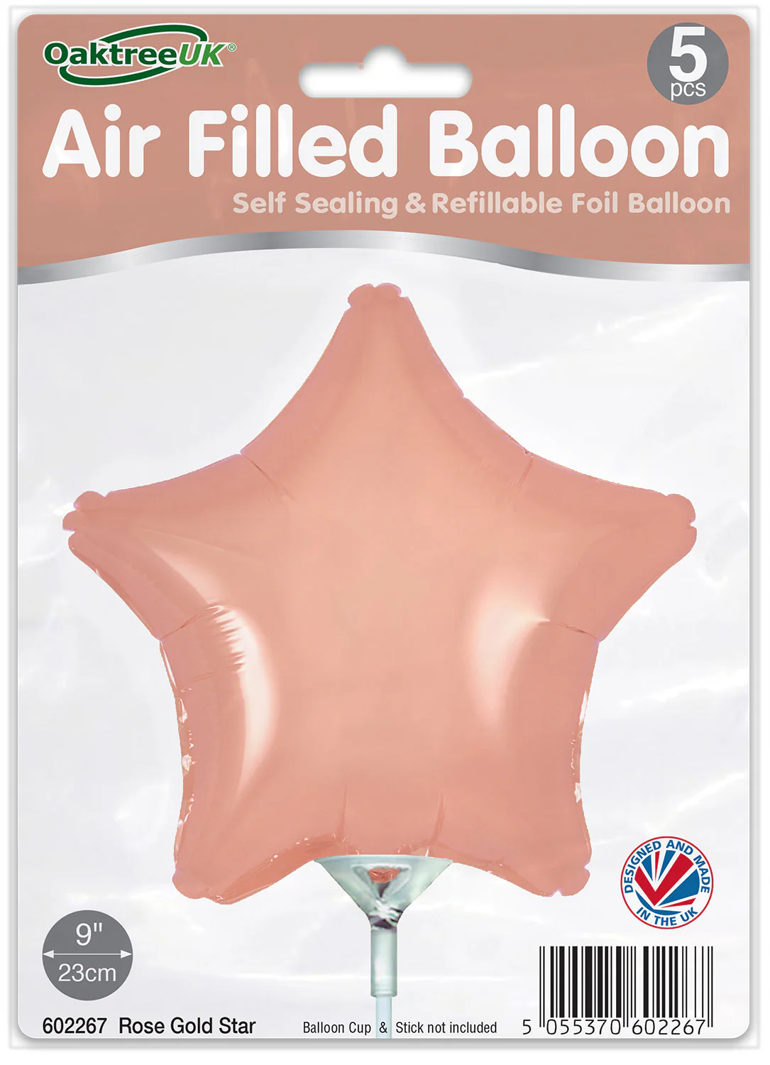 9" Airfill Only (With Self Sealing Valve) Rose Gold Star (5 Per Pack) Oaktree Brand Foil Balloon - Image 2